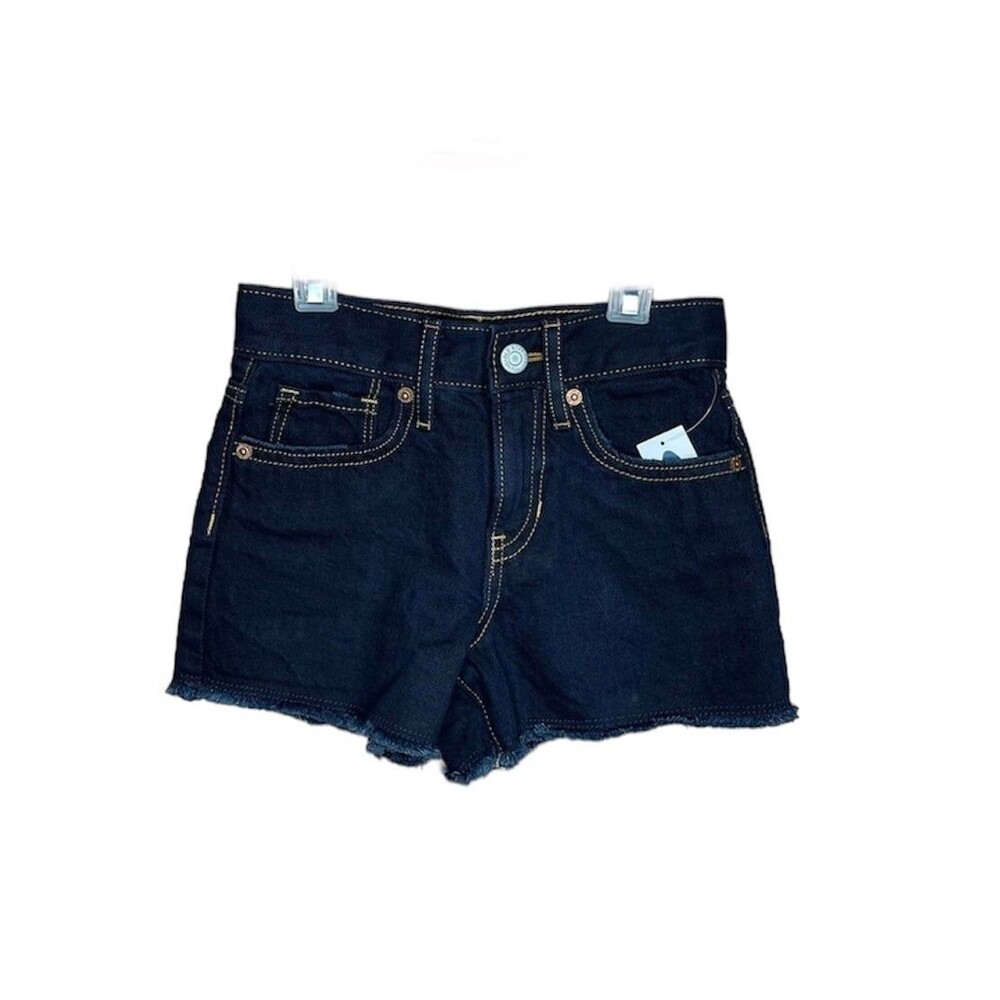 Old Navy Shorts Dark Blue Wash Fray Hem Snap Button Zip Fly Size 7 Slim
